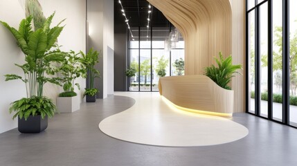 Fototapeta premium Modern Reception Area with Greenery and Wood Accents