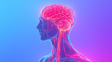 A vibrant, futuristic depiction of a human head in profile, with a glowing brain highlighted in red and blue soft gradient background. 