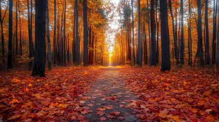 Sunlit Autumn Forest Path Covered with Red Leaves at Golden Hour

