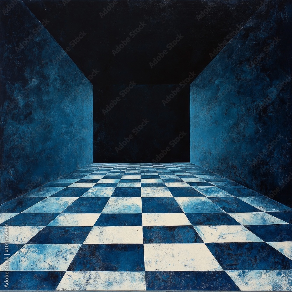 Poster a captivating abstract scene featuring a blue-toned room with a checkered floor. the walls fade into