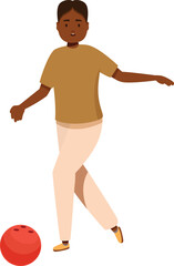 Young man is throwing a bowling ball, enjoying his free time at the bowling club