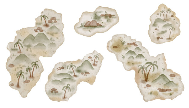 Maps of Islands watercolor illustrations set. Drawing of continent for Baby greeting cards or childish par ty invitations in pastel colors. Bundle for kids wall art with geographical elements.