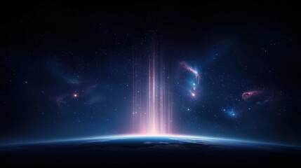 Dark sky with a bright light in the middle. The light is surrounded by stars and the sky is filled with them