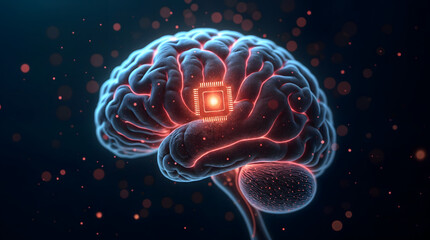 Fototapeta premium Human brain with integrated implant and glowing microchip in futuristic environment