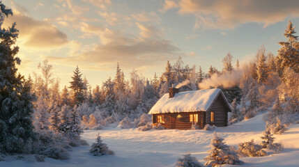 Serene Winter Retreat: Cozy Cabin Amidst Snow-Covered Forest Embraced by Warm Sunset Glow and Tranquil Nature's Beauty for a Peaceful Holiday Escape