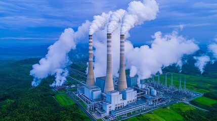 Aerial view of a power plant surrounded by lush greenery, tall chimneys and turbines in perfect symmetry, soft clouds in the sky, vibrant natural lighting