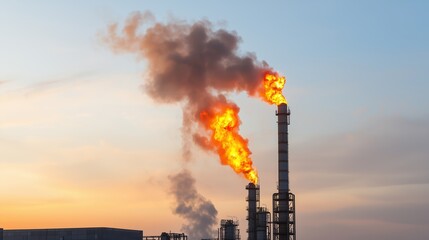Large industrial plant with a large stack of smoke and fire coming out of it. The sky is blue and the sun is setting