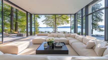 Fototapeta premium A modern living room with large windows showcasing a scenic view of water and trees, emphasizing comfort and relaxation.