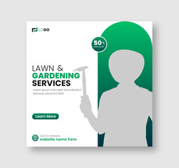 Lawn and gardening or landscaping service social media post and web banner template
