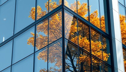A close-up of a glass office tower’s corner, where the golden leaves of nearby trees are reflected in the building’s smooth surface. 