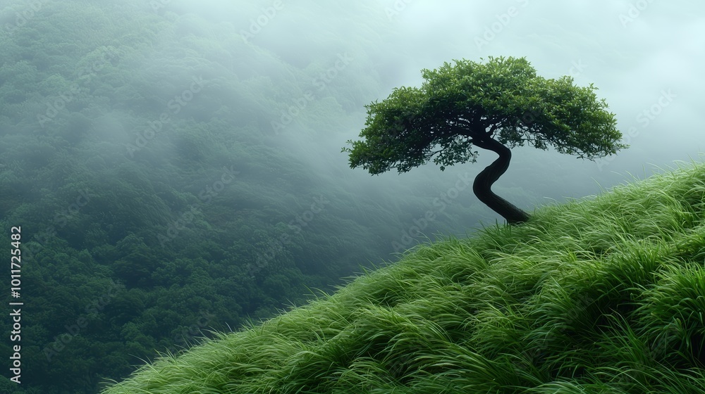 Poster tree is growing on a hillside with a misty, cloudy sky in the background. the tree is tall and slend