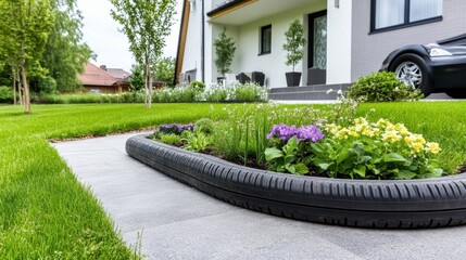Naklejka premium Creative Garden Bed with Tire Border and Flower Plants
