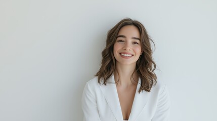 Woman with short hair is smiling and wearing a white jacket. She looks happy and confident. Concept of positivity and self-assurance