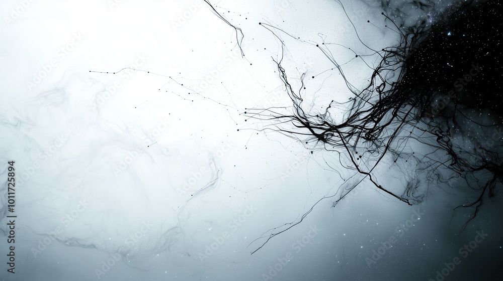 Poster black and white image of a tree with branches and leaves. the image has a mood of darkness and myste