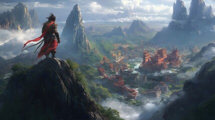 Wukong standing tall on a mountain peak surveying an ancient land full of strange creatures and ancient cities