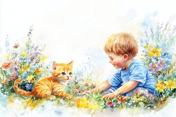 Child's First Friend: A heartwarming watercolor painting of a toddler and a ginger kitten playing amidst a vibrant wildflower meadow.  A tender moment of childhood innocence and animal companionship.