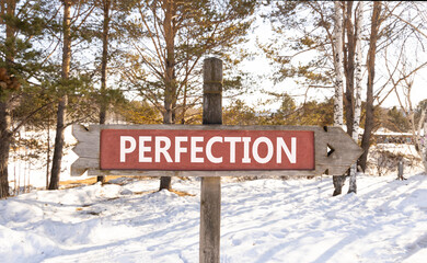 Perfection symbol. Concept word Perfection on beautiful wooden road sign. Beautiful winter forest background. Business perfection concept. Copy space.