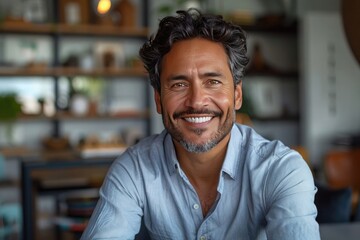 Obraz premium Successful young indian businessman in shirt standing with folded arms near desk, looking at camera and smiling, working in office interior, copy space
