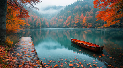 Lonely Wooden Boat on Calm Lake Surrounded by Autumn Forest

