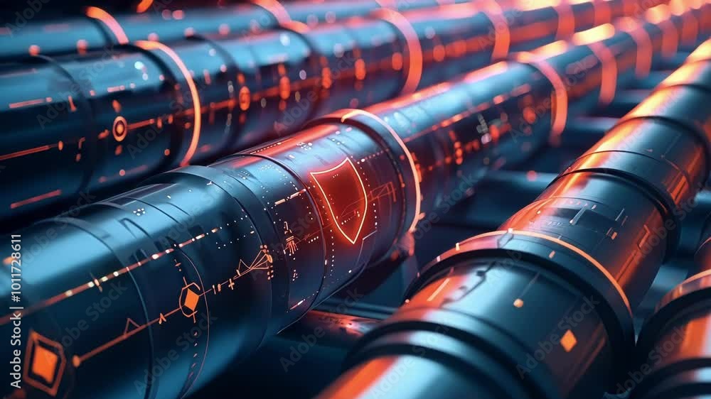 Poster ensuring data safety with glowing cables and a red shield in a complex system. futuristic tech for s