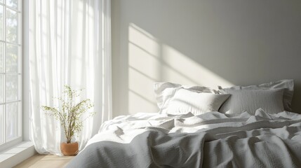 A serene bedroom with soft light, a cozy bed, and a plant enhancing tranquility.