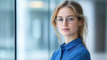 Portrait of a young woman wearing glasses, dressed in blue shirt, standing confidently in modern office environment