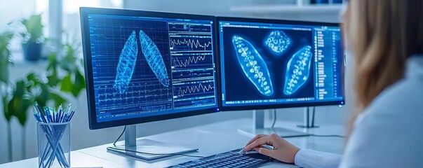 Biotechnology data processing using cloud platforms, vibrant blue and white tones, monitors displaying genetic information, bathed in natural light