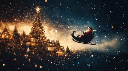 Naklejka premium Double exposure of Santa flying in his sleigh over a snowy town, merged with twinkling stars and Christmas decorations