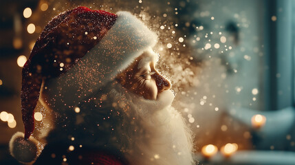 Fototapeta premium Santa silhouette blended with glowing candles and a warm living room scene, symbolizing family and Christmas traditions