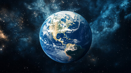 Fototapeta premium A stunning high-definition image of Earth viewed from outer space, showing North and South America with vibrant blues and whites surrounded by whirling stars.