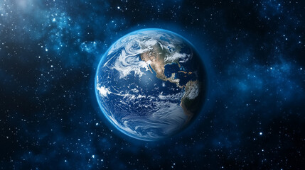 Fototapeta premium A mesmerizing image of the Earth from outer space, focusing on intricate cloud formations over continents, enveloped in space's dark, starry atmosphere.