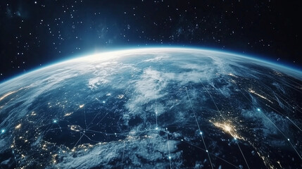 Obraz premium A breathtaking view of Earth from space featuring glowing outlines and network lines, set against a star-filled cosmos, capturing the beauty of our planet.