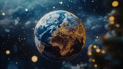 Obraz premium An intricate view of the glowing Earth, capturing land illumination against a star-lit sky, encapsulating the Earth's beauty and our connected world at night.