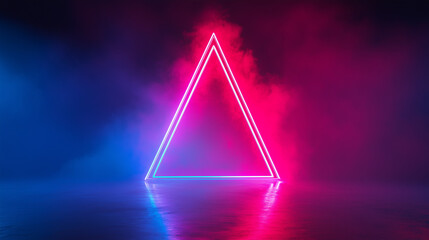 A vibrant neon triangle emitting pink and blue hues, surrounded by a misty atmosphere, creating a striking and futuristic visual effect.