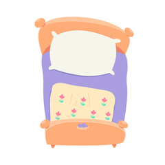 Empty kids bed illustration. Night children bedroom in kindergarten or nursery with pastel beige blanket with flowers for girl. Vector illustration isolated on transparent background.