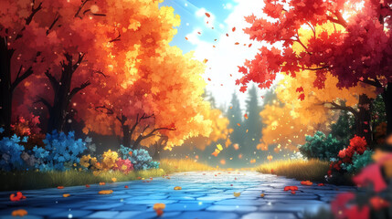 A stone path winds through a vibrant autumn forest with red, yellow, and orange leaves falling.