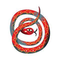 Cartoon red yellow gray snake illustration isolated on transparent background. Colorful bright symbol of Chinese New Year for postcards, banner, poster.