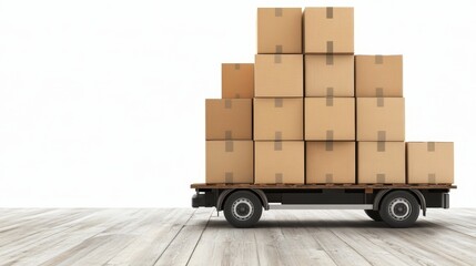 Cardboard Boxes Stacked On Delivery Truck Bed Isolated On White