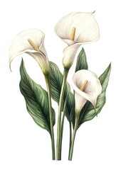 vintage-style calla lilies with elegant white trumpet-shaped petals and yellow spadices at the center. Lush green leaves with delicate detailing complement the classic, refined look, while the soft co