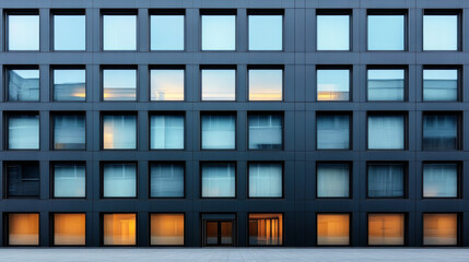 Obraz premium A grid of windows on a modern building reflects the setting sun.
