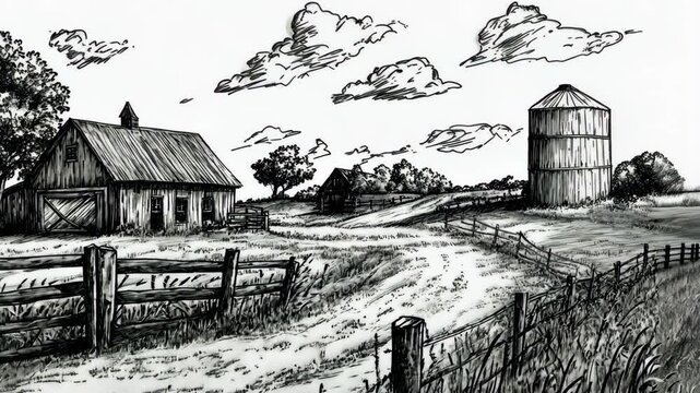 A pen and ink drawing of a rural farmscape with a barn, silo, and fence on a sunny day