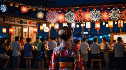 Obraz premium Enchanting Fireworks Festival in Japan A Woman in a Yukata Immersed in the Magic of Tradition and Travel.