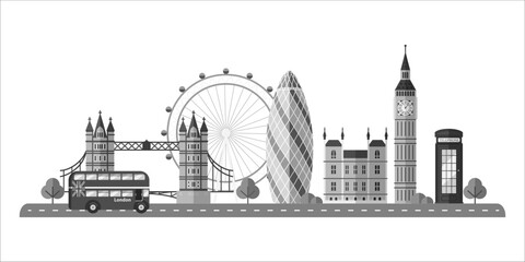London landmarks. UK capital skyline background for postcard, banner, poster. London cityscape. English world famous architectural sightseeing. Graphic flat vector illustration in white-gray colors.