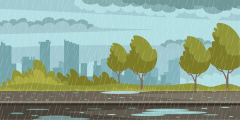 Rainy street background. Rain in city. Autumn storm on cityscape. Outdoor urban street in rain, pavement in puddles, sky with clouds. Cartoon vector illustration.