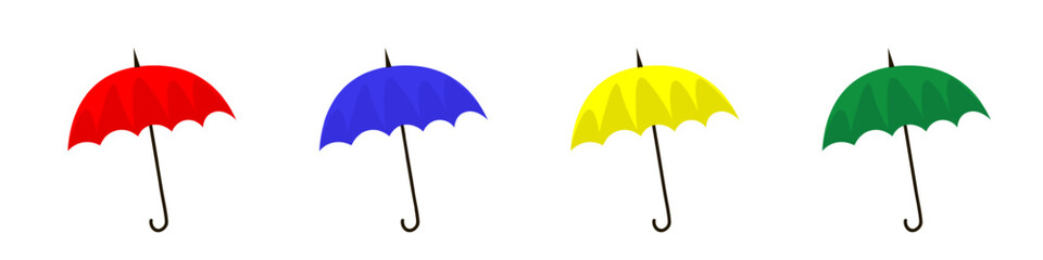 Colorful umbrellas for rainy autumn or spring weather. Blue, red, green, yellow umbrellas. Flat vector set isolated on transparent background.