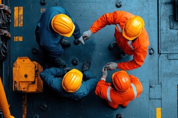 Industrial teamwork and safety coordination, group of engineers and technicians wearing helmets discussing project on factory floor, top view professional construction meeting