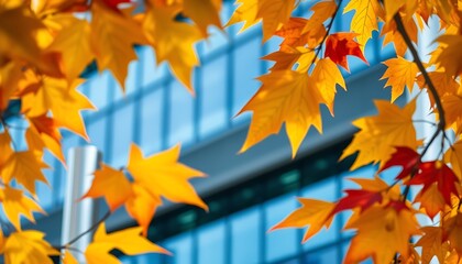 Fototapeta premium A close-up shot of autumn leaves in vivid shades of yellow, orange, and red, framing a modern corporate signpost. 