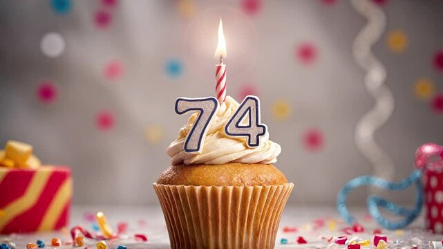 Birthday cupcake with burning lit candle with number 74. Number seventy-four for seventy-four years or seventy-fourth anniversary.