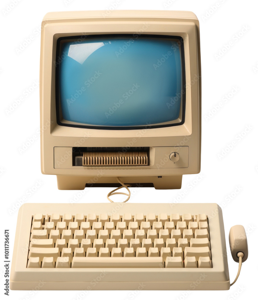 Poster png vintage computer keyboard display screen.