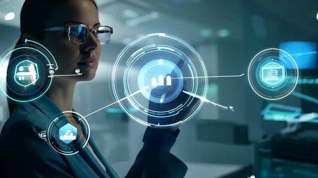 Young girl manager businesswoman interacts with AI AR holographic interface UI science research female scientist modern technology lab VR virtual reality artificial intelligence network IT specialist